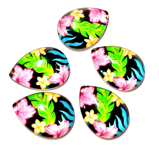 Sundaylace Creations & Bling Resin Gems 18*25mm Pink & Yellow Tropical Flowers on Black Background, Glue on, Acrylic Resin Gem