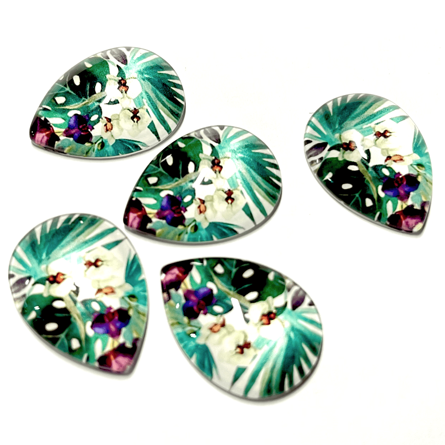 Sundaylace Creations & Bling Resin Gems 18*25mm Teal tropical leaves with purple and white flowers, Glue on, Acrylic Resin Gem