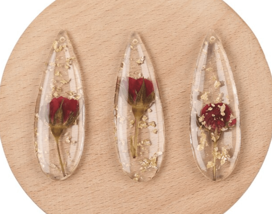 Sundaylace Creations & Bling Resin Gems Red Floral on Clear with Gold 18*55mm Clear Floral with Gold Flakes, one hole, Resin Gems