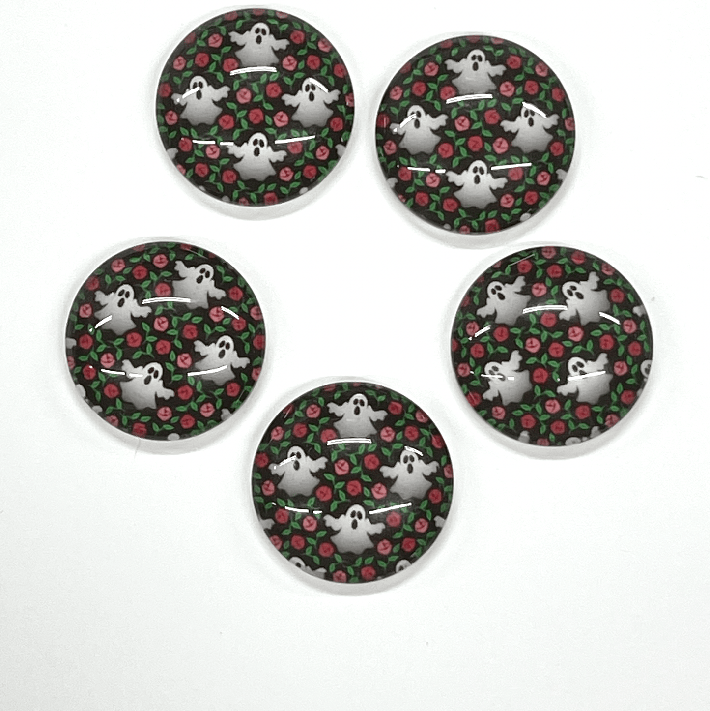 Sundaylace Creations & Bling Resin Gems 18mm "Ghost Rose Garden" Halloween on black background round, Glue on Acrylic Printed Resin Gem (Sold in Pair)