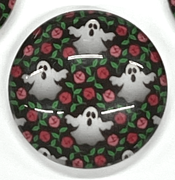 Sundaylace Creations & Bling Resin Gems 18mm "Ghost Rose Garden" Halloween on black background round, Glue on Acrylic Printed Resin Gem (Sold in Pair)