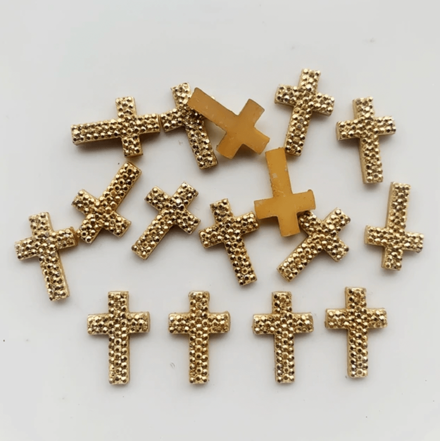 Sundaylace Creations & Bling Resin Gems Gold CROSS Shape 18mm Metallic Silver/Gold  Dot Texture Cross, Large Gem Teardrop, Sew on, Resin Gem