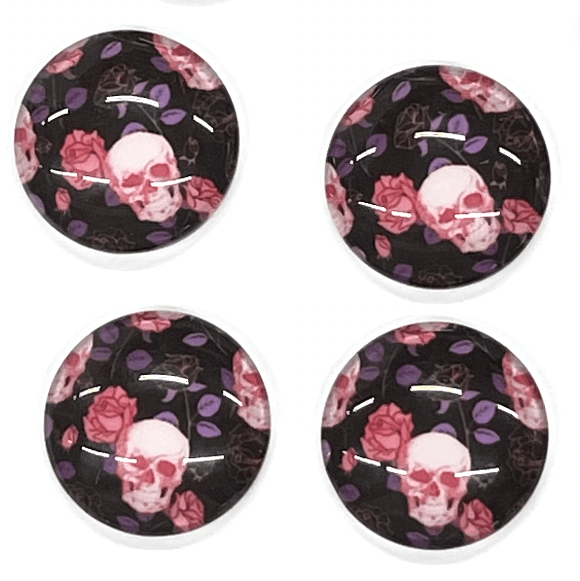 Sundaylace Creations & Bling Resin Gems 18mm "Skull with Pink Roses" Halloween on black background round, Glue on Acrylic Printed Resin Gem (Sold in Pair)