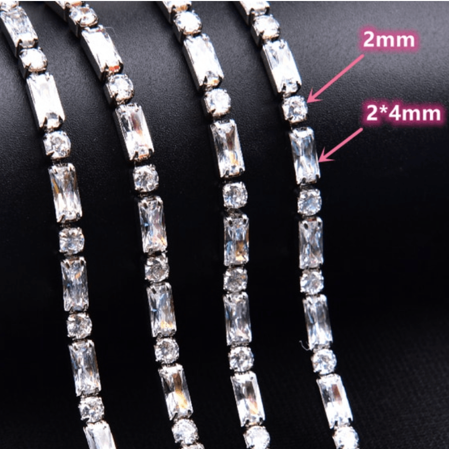 2*2.4mm CLEAR Round/Rectangle Alternating Stone with Silver Rhinestone HIGH QUALITY Metal Chain, Sold in 18" *RARE* SS6 Metal Rhinestone Chain