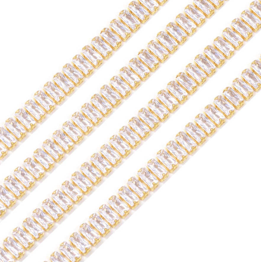 Sundaylace Creations & Bling SS6 Metal Rhinestone Chain 2*4mm CLEAR RECTANGLE STONE with Gold Rhinestone Metal Chain, Sold in 25" *RARE*