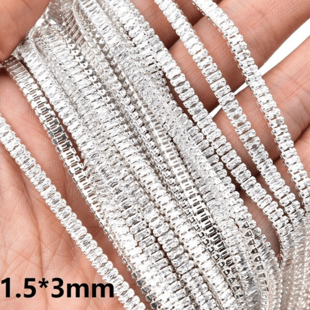 1.5*3.5mm (Tiny) Clear Rectangle 2.5*5mm & 1.5*3mm CLEAR RECTANGLE STONE with Silver Rhinestone HIGH QUALITY Metal Chain, Sold in 18" *RARE* SS6 Metal Rhinestone Chain