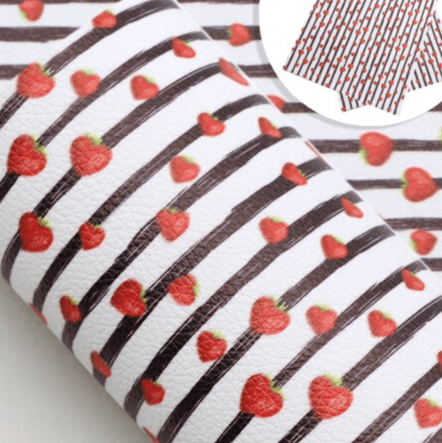 Leatherette Basics 20*30cm Black Stripe and Strawberries Heart Smooth Leatherette Sheet, Long Leatherette Sheet