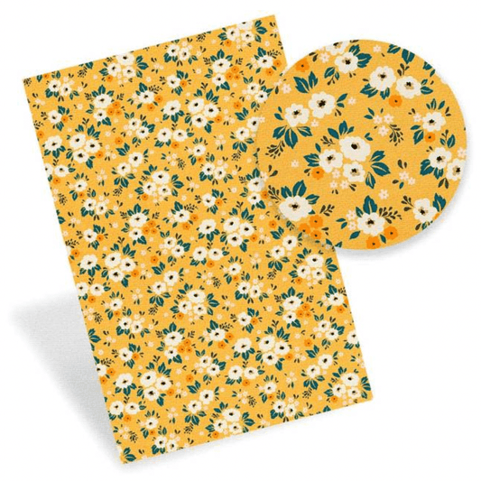 Leatherette Basics 20*30cm Mustard Yellow with White Floral pattern Printed Leatherette Sheet, Long Leatherette Sheet