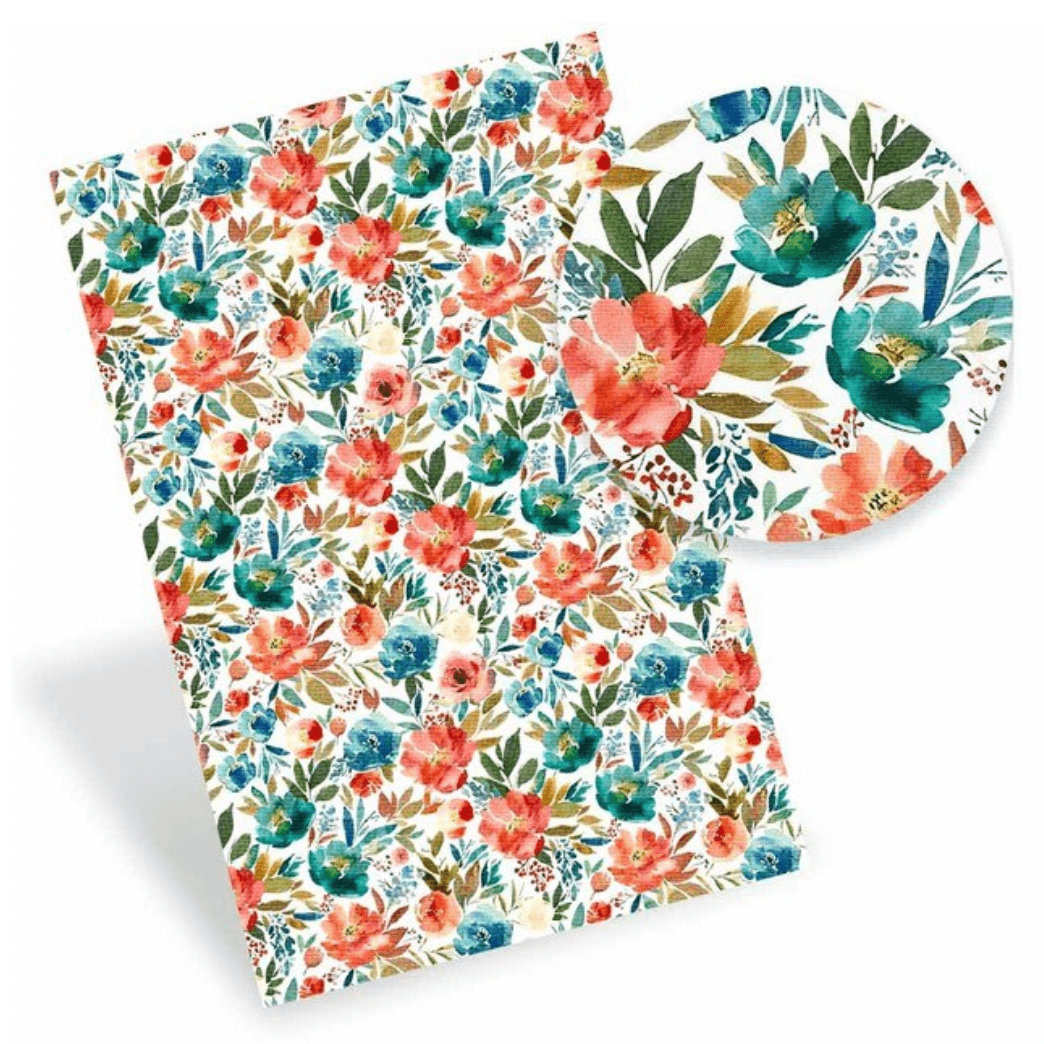 Leatherette Basics 20*30cm Tropical Coral-Teal Floral pattern Printed Leatherette Sheet, Long Leatherette Sheet