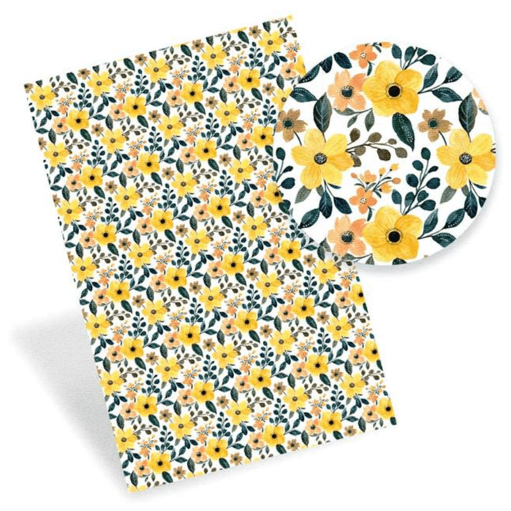 Leatherette Basics 20*30cm Yellow flowers with teal leaves Floral Printed Leatherette Sheet, Long Leatherette Sheet