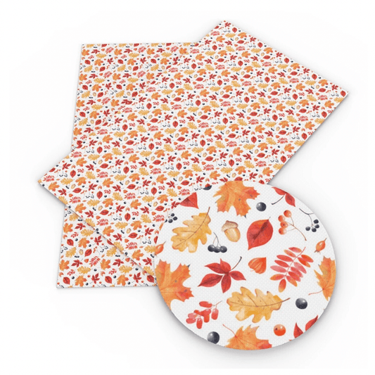 Leatherette Basics 20*33cm Autumn Leaves Orange/Red on White Background Print on Printed Leatherette Sheet
