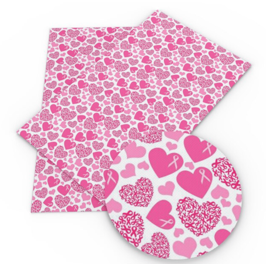 Sundaylace Creations & Bling Basics 20*33cm Pink Heart with pink ribbon on White Background Printed Acrylic Leatherette Sheet