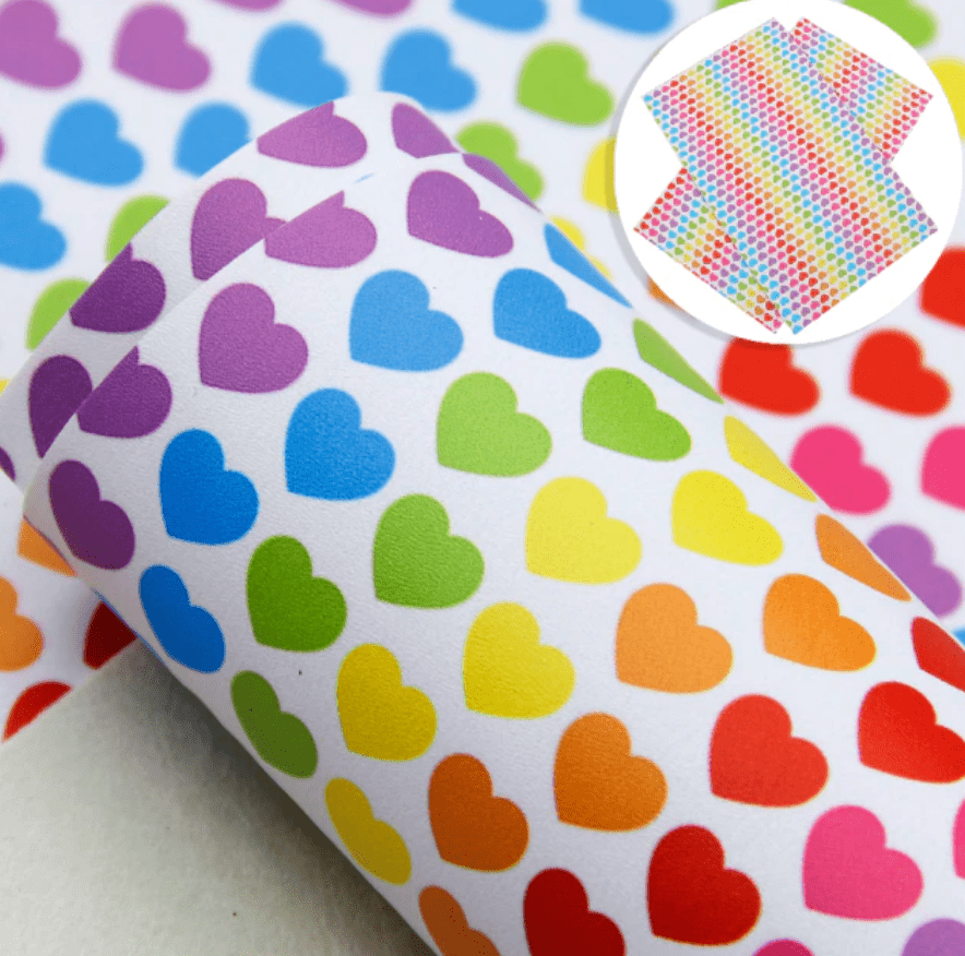 Leatherette Basics Rainbow heart on White 20*33cm Rainbow Hearts on Black or White Printed Smooth Leatherette Sheet