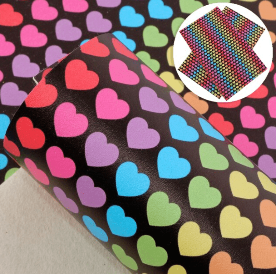 Leatherette Basics Rainbow Hearts on Black 20*33cm Rainbow Hearts on Black or White Printed Smooth Leatherette Sheet
