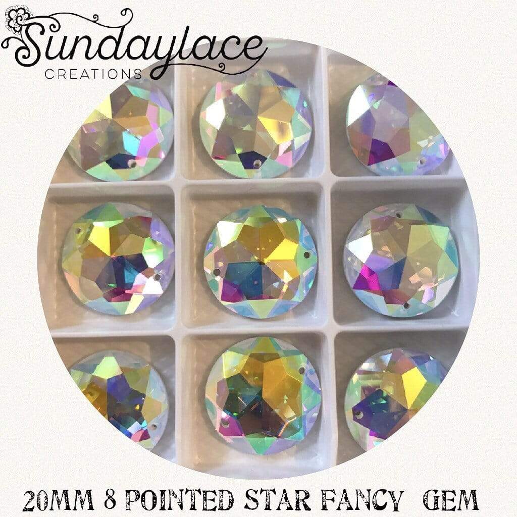 Sundaylace Creations & Bling Fancy Glass Gems 20mm AB 8-pointed star, Sew on,  Fancy Glass gem