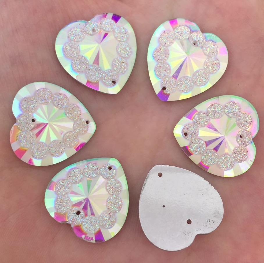 Sundaylace Creations & Bling Resin Gems 20mm AB Heart Blossom Design, Sew on Resin Gem