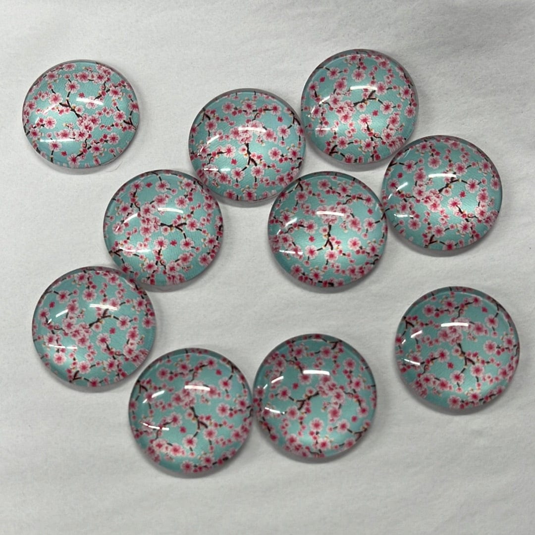 20mm Cherry Bloom on Sky Blue Floral Print Acrylic Round, Glue on, Resin Gem (Sold in Pair) Resin Gems
