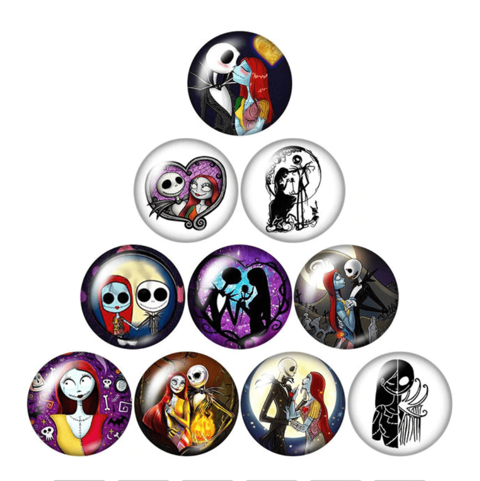 Sundaylace Creations & Bling Resin Gems Jack & Sally Couple "Set of 10 gems" 20mm "Nightmare Before Christmas" Cartoon Character Round Acrylic Printed Resin Gem (Sold in Pair)