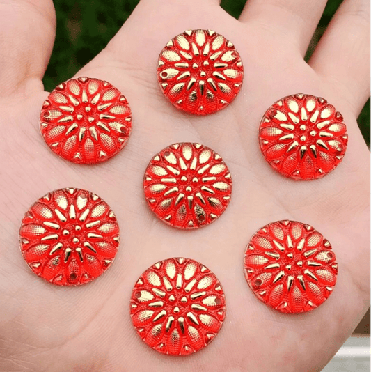 Sundaylace Creations & Bling Resin Gems 20mm Red & Gold Floral Burst, Sew on, Resin Gems (Sold in Pair)