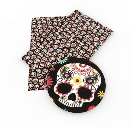 Leatherette Basics 21*29cm Sugar Skull Halloween Smooth in Black and Turquoise Printed Leatherette Sheet
