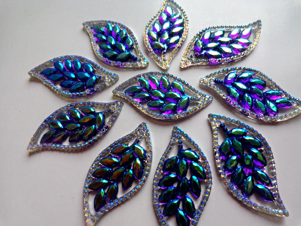 Sundaylace Creations & Bling Resin Gems 21*42mm Silver & Blue AB Leaf Metallic S-shaped, Sew on, Resin Gems (Sold in Pair)