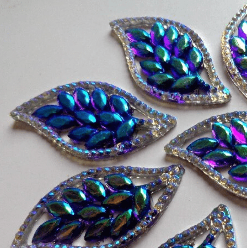 Sundaylace Creations & Bling Resin Gems 21*42mm Silver & Blue AB Leaf Metallic S-shaped, Sew on, Resin Gems (Sold in Pair)