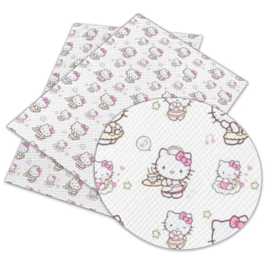 Leatherette Basics 22*30cm "Hello Kitty Cafe"  White/Pinks Cat Japanese Cartoon, Leatherette Sheet