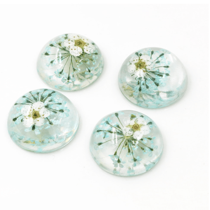 Sundaylace Creations & Bling Resin Gems 25mm Baby Blue Flowers 25mm/20mm A Dried White Chrysanthemum Flower in Clear Resin, with coloured flowers Glue on, Resin Gem