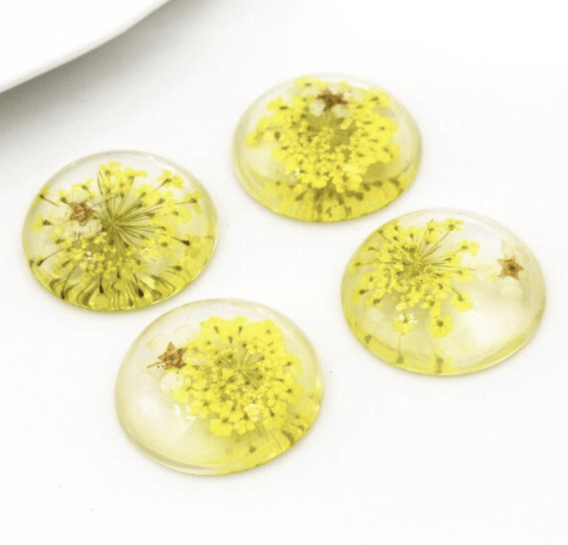 Sundaylace Creations & Bling Resin Gems 25mm Yellow Flowers 25mm/20mm A Dried White Chrysanthemum Flower in Clear Resin, with coloured flowers Glue on, Resin Gem