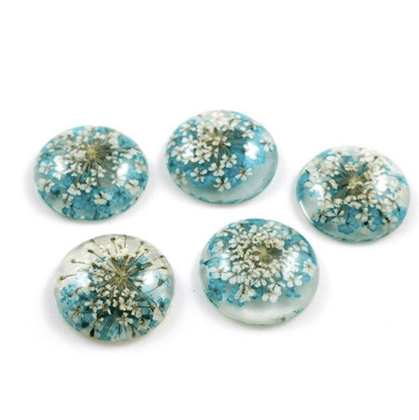 Sundaylace Creations & Bling Resin Gems Dark Aqua Blue Flowers 25mm/20mm A Dried White Chrysanthemum Flower in Clear Resin, with coloured flowers Glue on, Resin Gem