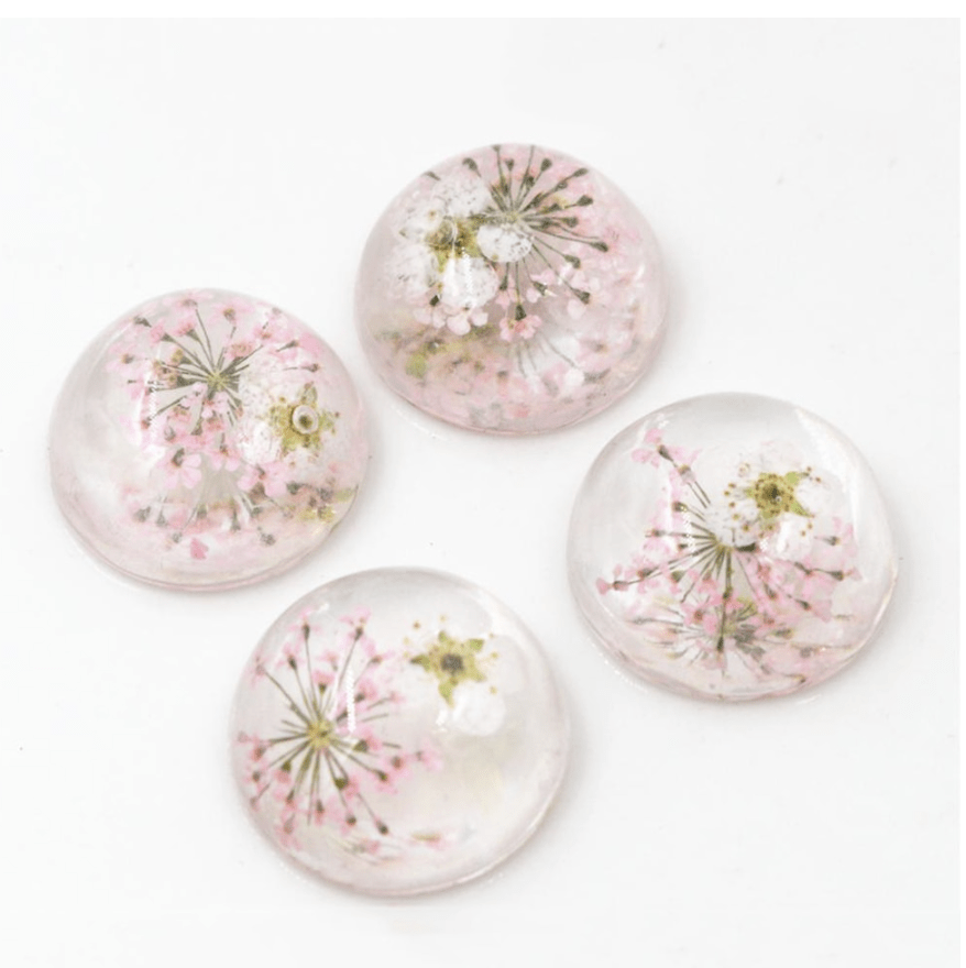 Sundaylace Creations & Bling Resin Gems 25mm Light Pink Flowers 25mm/20mm A Dried White Chrysanthemum Flower in Clear Resin, with coloured flowers Glue on, Resin Gem