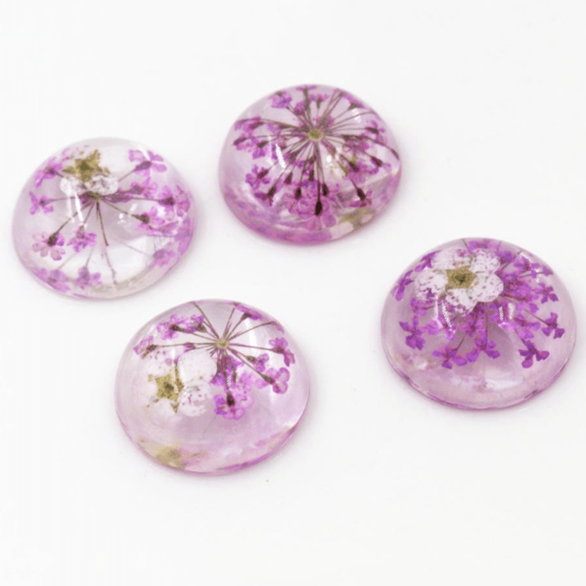 Sundaylace Creations & Bling Resin Gems 20mm Purple Flowers 25mm/20mm A Dried White Chrysanthemum Flower in Clear Resin, with coloured flowers Glue on, Resin Gem