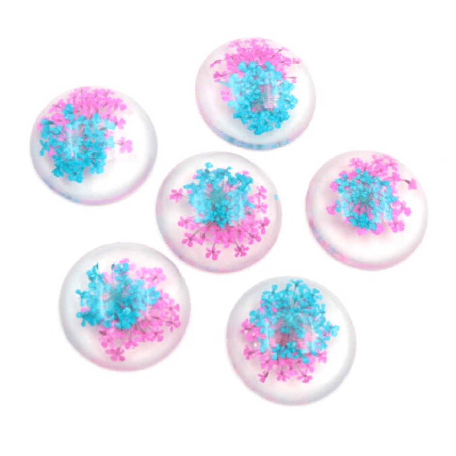 Sundaylace Creations & Bling Resin Gems 20mm Hot Pink and Blue Flowers 25mm/20mm A Dried White Chrysanthemum Flower in Clear Resin, with coloured flowers Glue on, Resin Gem