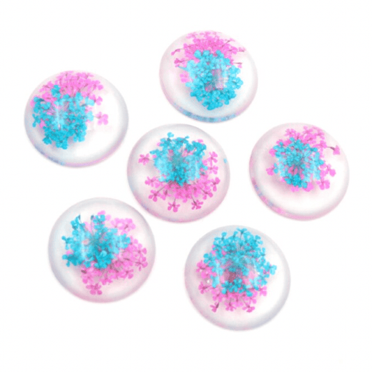 Sundaylace Creations & Bling Resin Gems 20mm Hot Pink and Blue Flowers 25mm/20mm A Dried White Chrysanthemum Flower in Clear Resin, with coloured flowers Glue on, Resin Gem