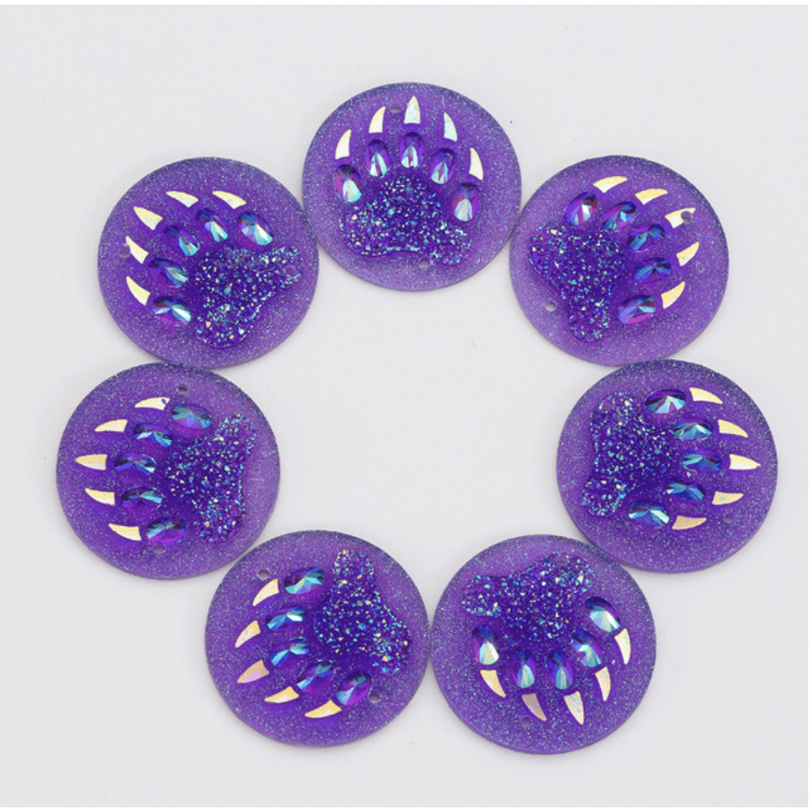Sundaylace Creations & Bling Resin Gems Purple AB 25mm Bear CLAW PAW print, *New in AB and Metallic Finish Circle/Round, Sew on, Resin Gem