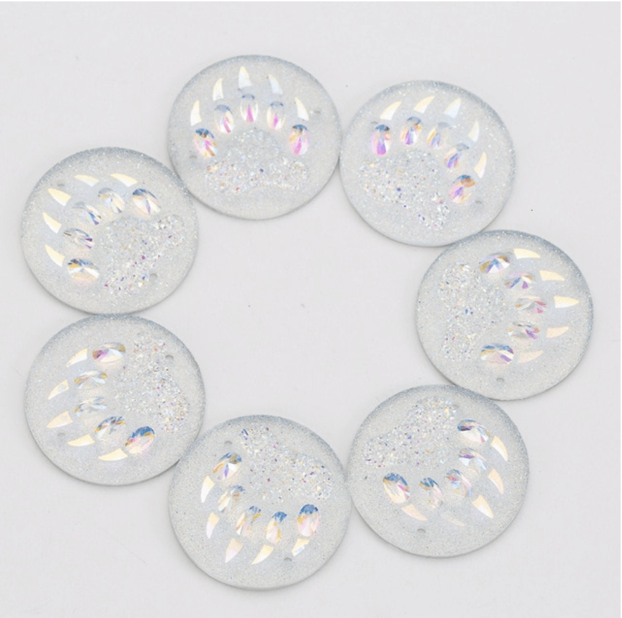 Sundaylace Creations & Bling Resin Gems Clear AB 25mm Bear CLAW PAW print, *New in AB and Metallic Finish Circle/Round, Sew on, Resin Gem