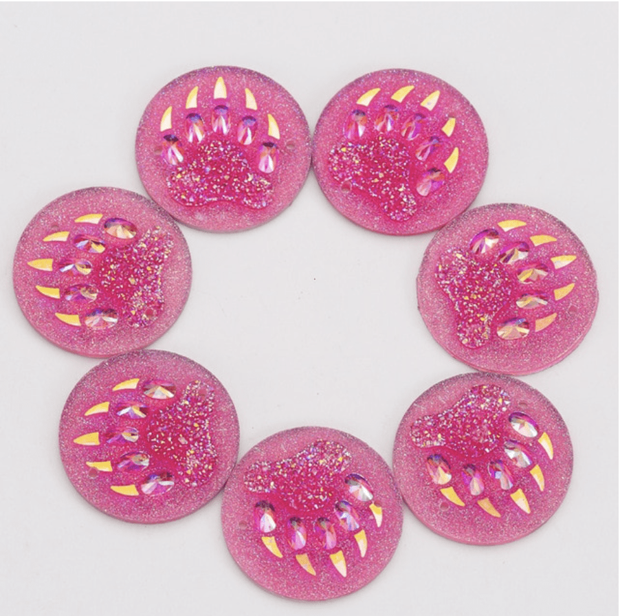 Sundaylace Creations & Bling Resin Gems Hot Pink AB 25mm Bear CLAW PAW print, *New in AB and Metallic Finish Circle/Round, Sew on, Resin Gem