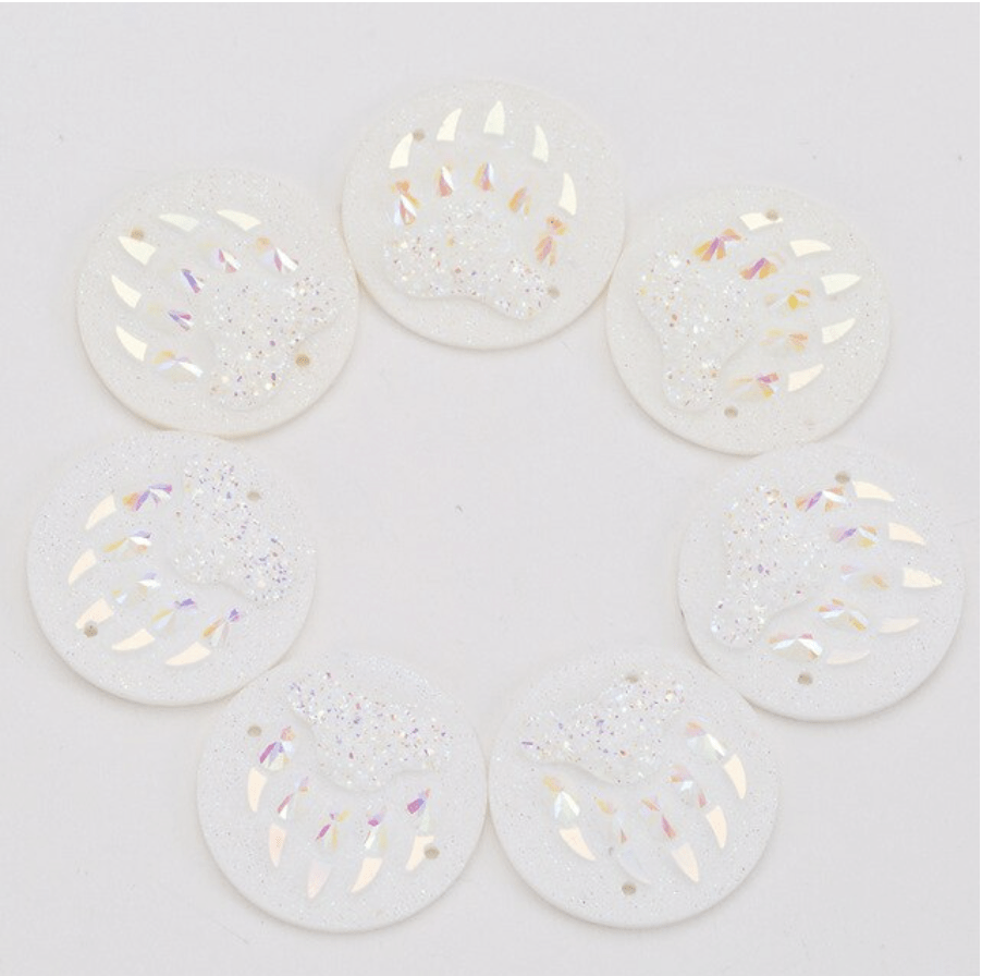 Sundaylace Creations & Bling Resin Gems White AB 25mm Bear CLAW PAW print, *New in AB and Metallic Finish Circle/Round, Sew on, Resin Gem