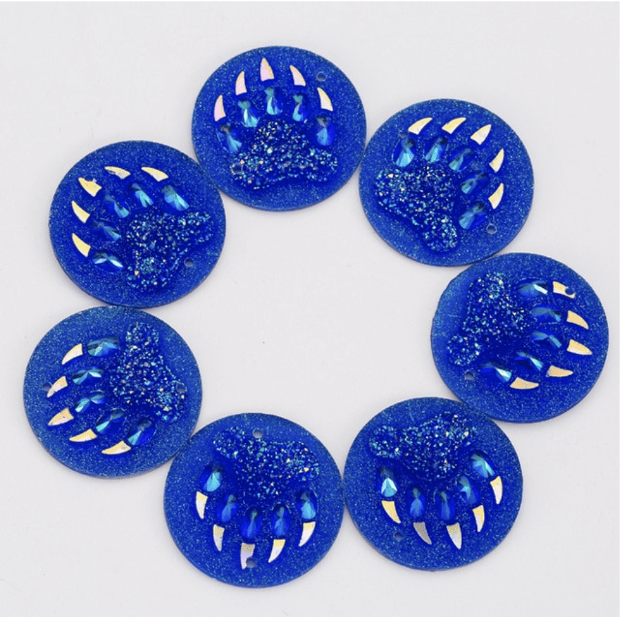 Sundaylace Creations & Bling Resin Gems Blue AB 25mm Bear CLAW PAW print, *New in AB and Metallic Finish Circle/Round, Sew on, Resin Gem