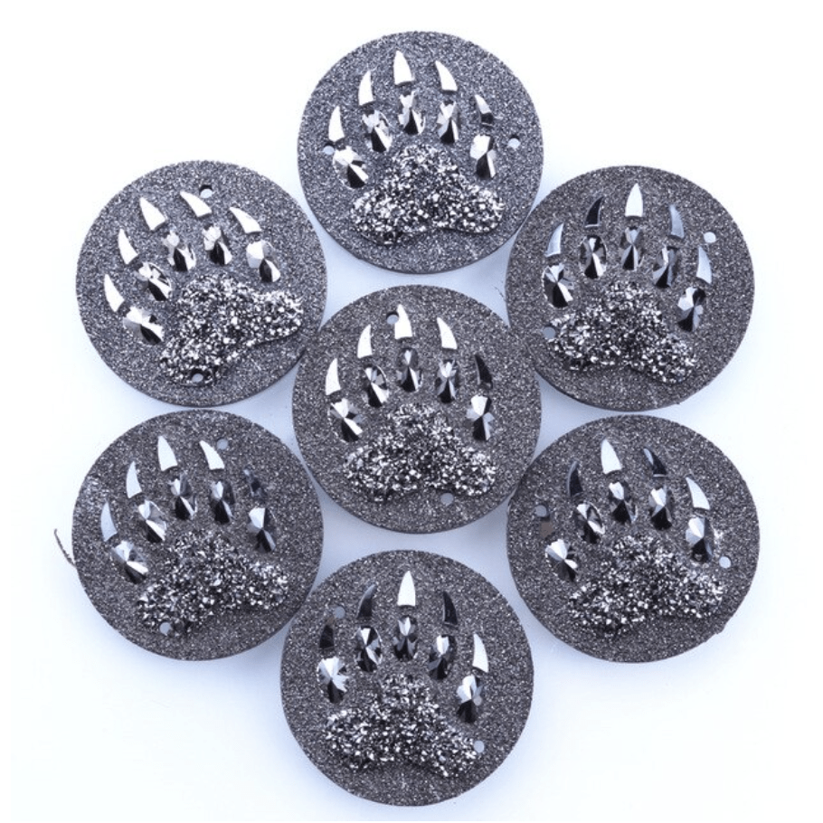Sundaylace Creations & Bling Resin Gems Metallic Gunmetal 25mm Bear CLAW PAW print, *New in AB and Metallic Finish Circle/Round, Sew on, Resin Gem