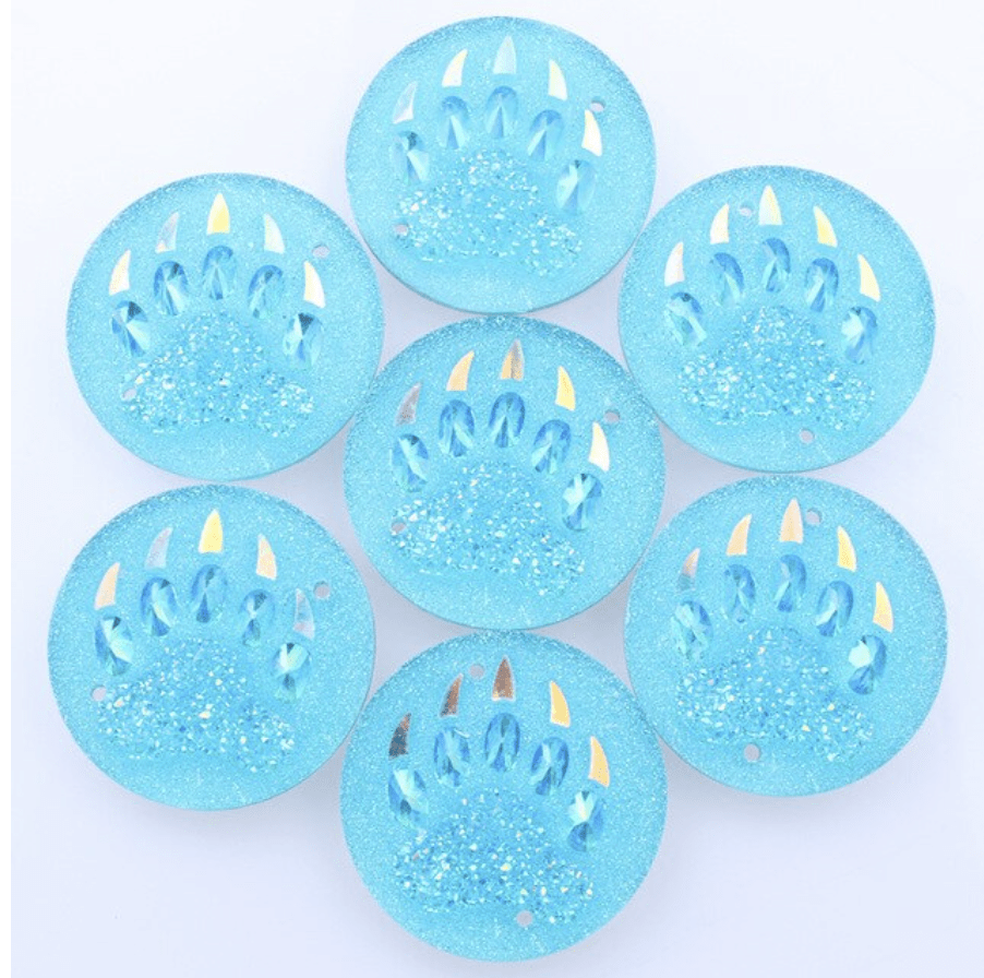 Sundaylace Creations & Bling Resin Gems Aqua 25mm Bear CLAW PAW print, *New in AB and Metallic Finish Circle/Round, Sew on, Resin Gem