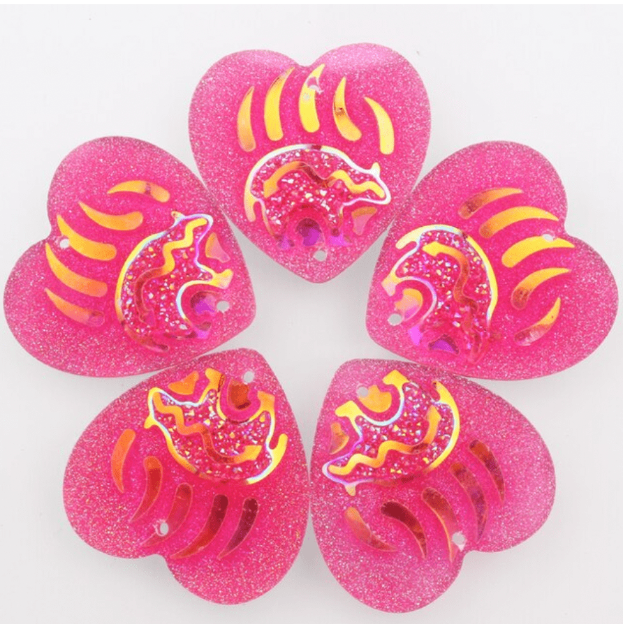 Sundaylace Creations & Bling Resin Gems Pink AB Heart with Bear Design 25mm Bear PAW Design in HEART Shaped, Sew on, Resin Gem