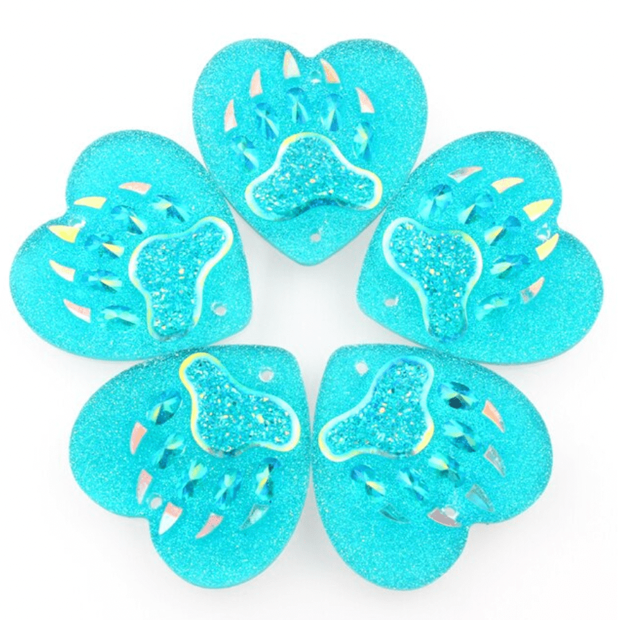 Sundaylace Creations & Bling Resin Gems Aqua AB Heart Bear Paw 25mm Bear PAW Design in HEART Shaped, Sew on, Resin Gem