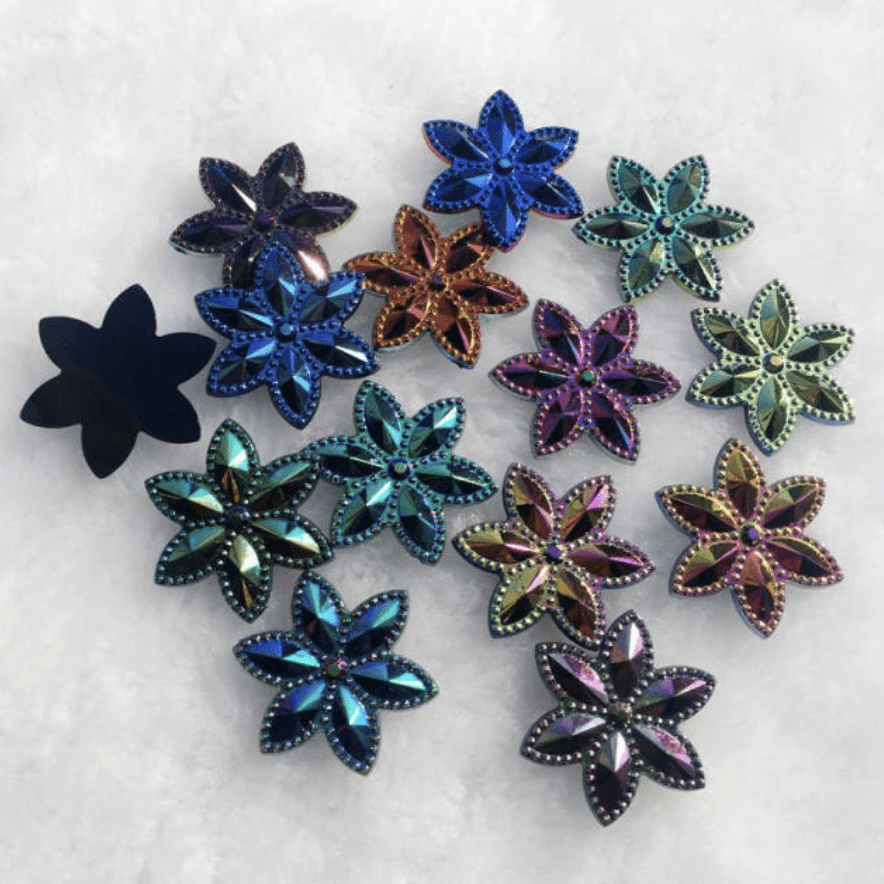 Sundaylace Creations & Bling Resin Gems 25mm Black AB 6 petal Flowers shaped, Glue on, Resin Gems