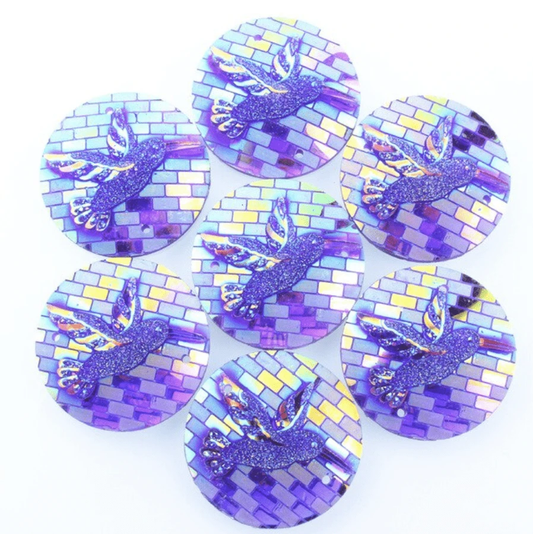 Sundaylace Creations & Bling Resin Gems Purple AB 25mm Hummingbird with brick background round, Multicoloured, sew on, Resin Gem