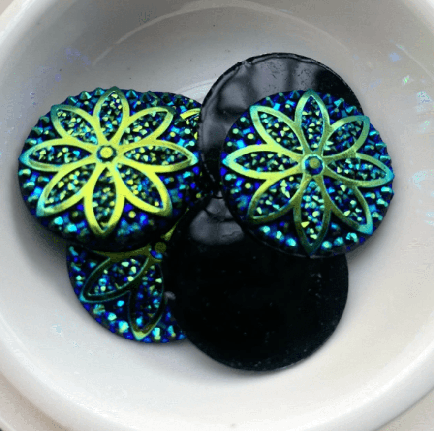 Sundaylace Creations & Bling Resin Gems Black-Blue AB 25mm Mix AB Mandala Flower Design, Glue on, Resin Gem
