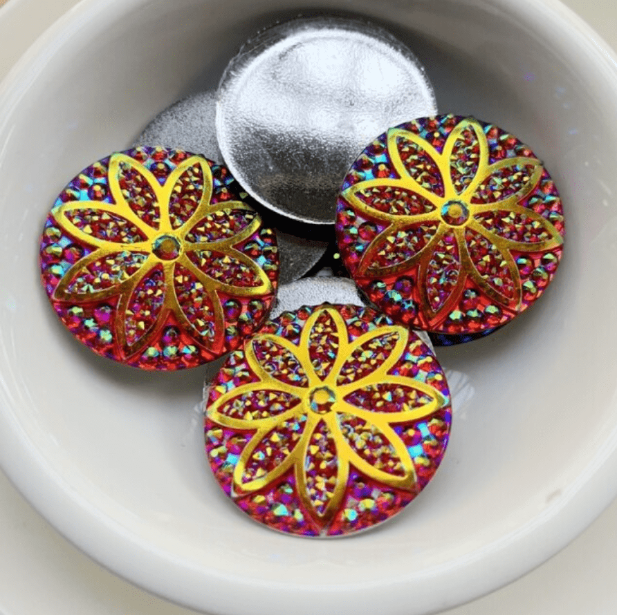 Sundaylace Creations & Bling Resin Gems Red AB 25mm Mix AB Mandala Flower Design, Glue on, Resin Gem