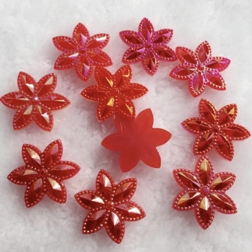 Sundaylace Creations & Bling Resin Gems 25mm Red AB 6 petal Flowers shaped, Glue on, Resin Gems