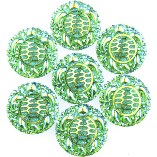Sundaylace Creations & Bling Resin Gems Green AB 25mm Swimming Turtle with textured background, AB Circle, Sew on, Resin Gems