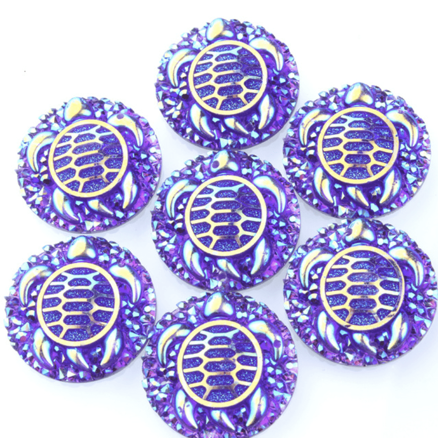 Sundaylace Creations & Bling Resin Gems Purple AB 25mm Swimming Turtle with textured background, AB Circle, Sew on, Resin Gems